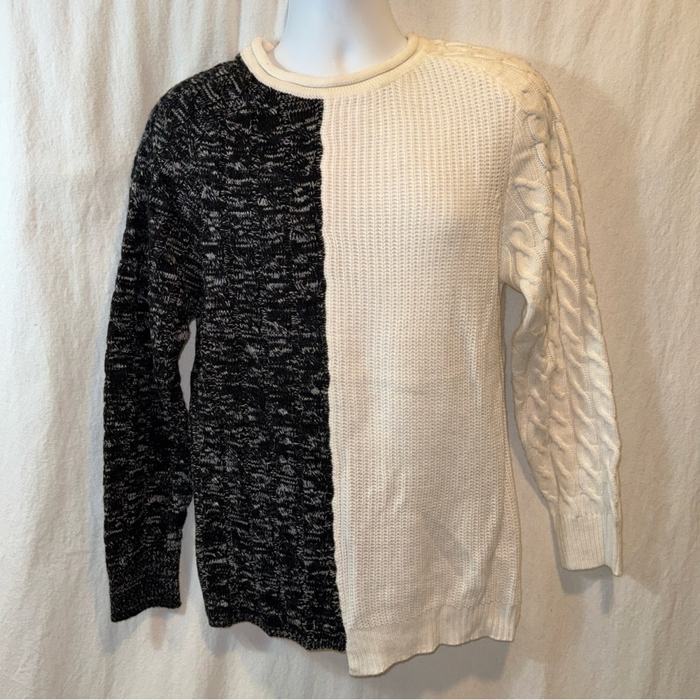 Gently Used Men’s Asymmetrical Black & White Sweater Cable Knit Rolled Neck
